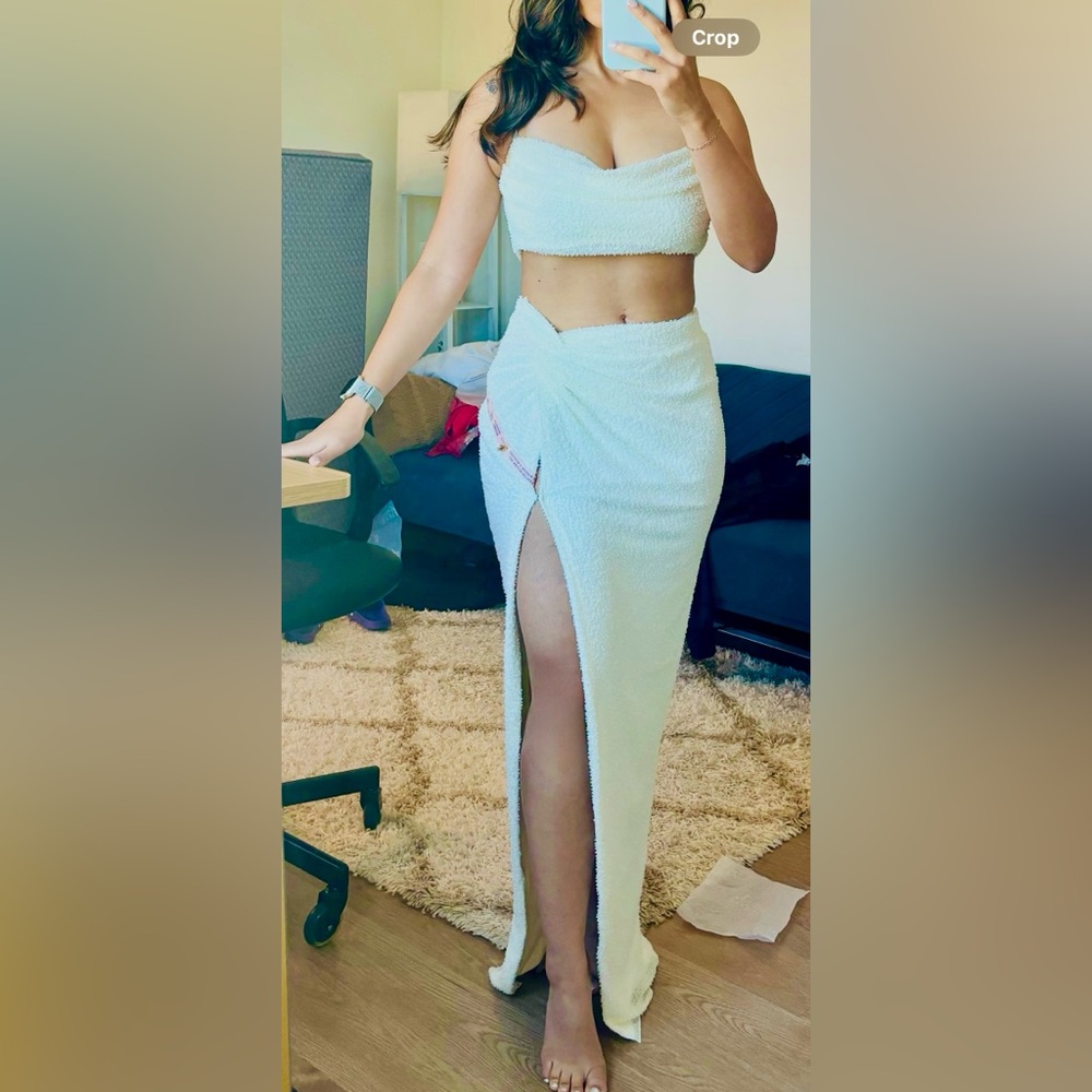 Oh Polly White Embellished Maxi Wrap Skirt Set with Slit